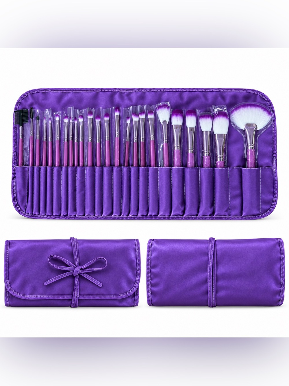 New 24 Piece Purple Makeup Brush Complete Set & Storage Carrying Case Blush Flat